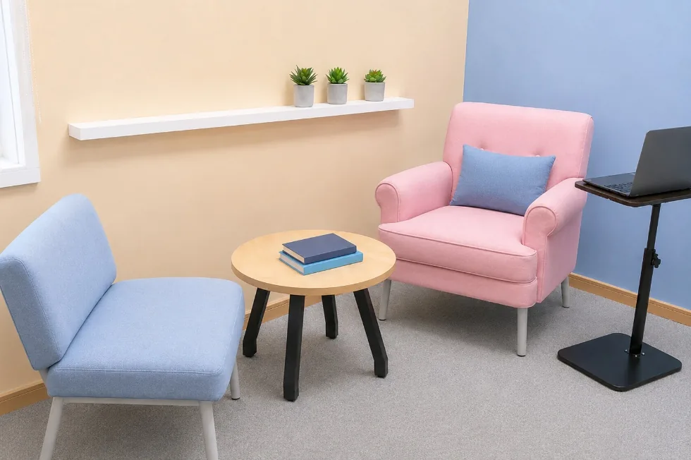 A quiet corner with a pink armchair and a pale blue chair either side of a small round table