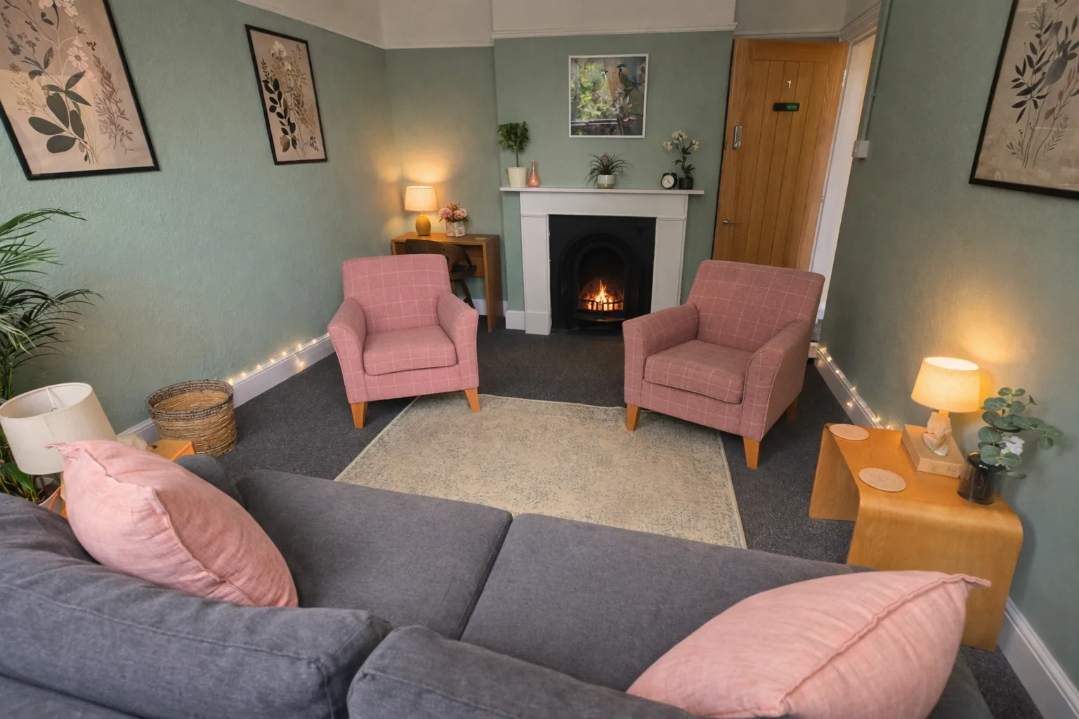 The counselling room — sage walls, two pink armchairs facing a small fireplace, framed botanical prints, plants and warm lamp light